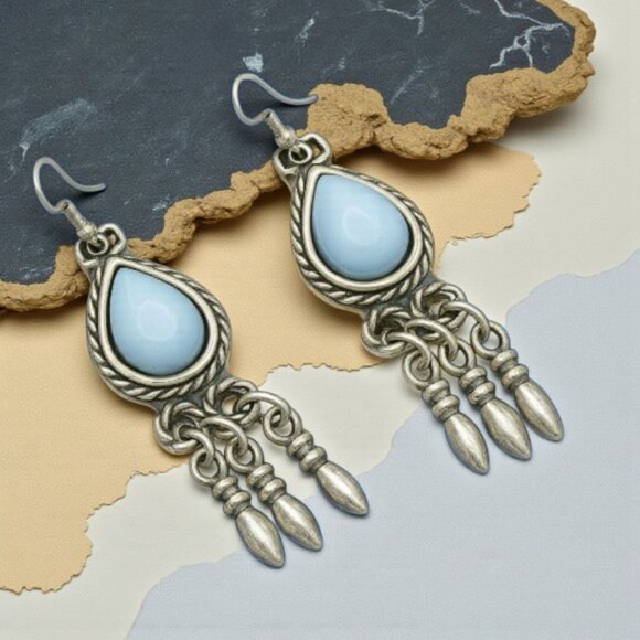 🆕️ Boho Chic Handmade Dangle Earrings Turkish Zamak Silver Plated Turquoise - Picture 5 of 15